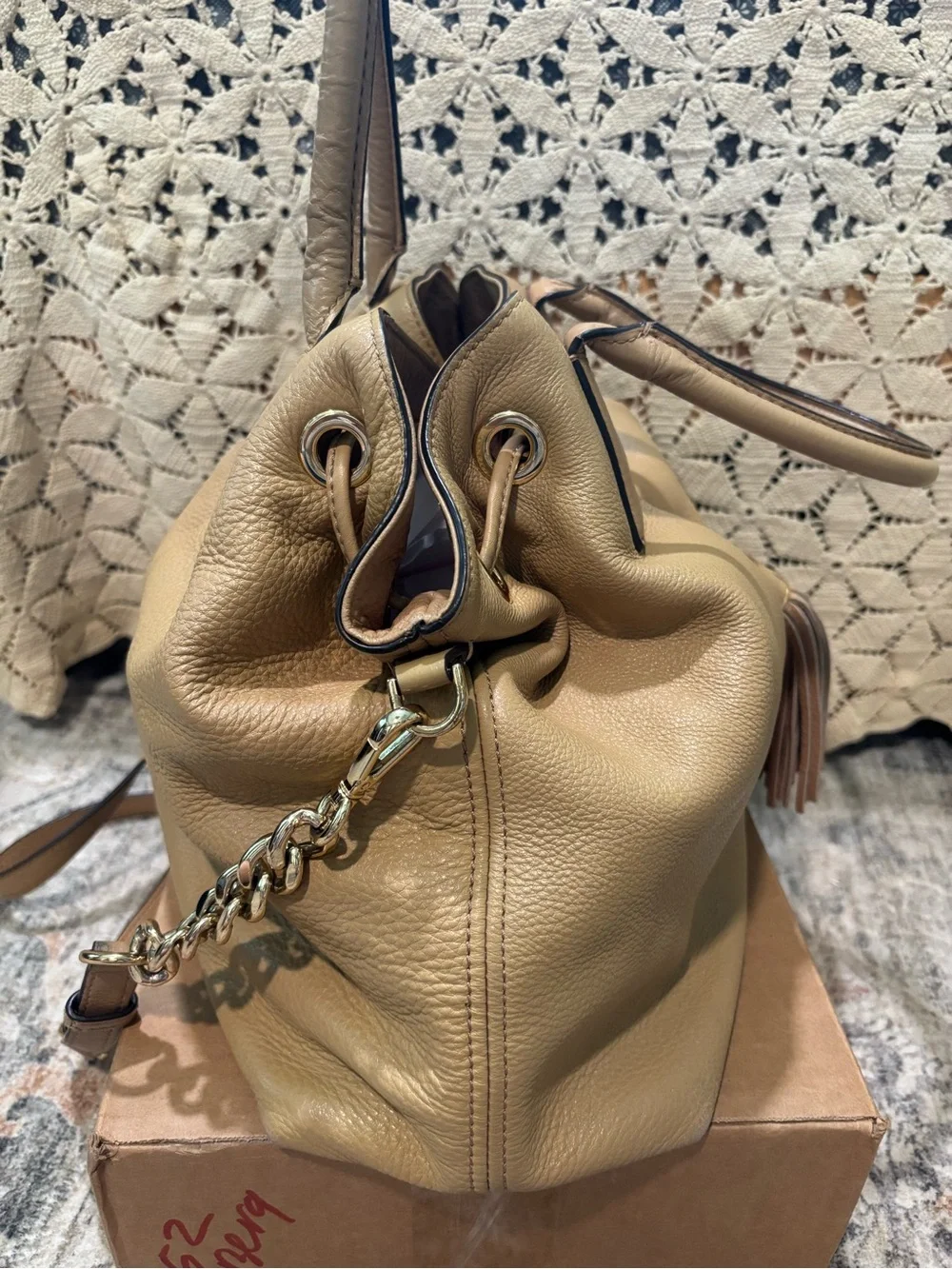 Women’s Tassel Drawstring Satchel Bag in Tan - Stylish Everyday Handbag